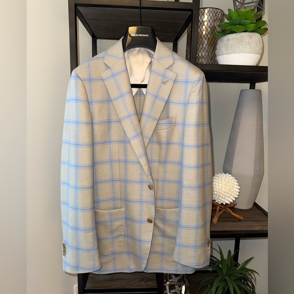 Harry Rosen Other - Harold by Harry Rosen Beige & Blue Windowpane Wool-Blend Sport Jacket – 40R